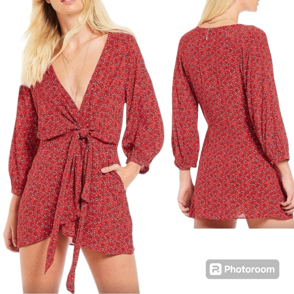Free People Clara Front Tie Red Daisy Tunic Faux Wrap Blouse Top Dress Size S